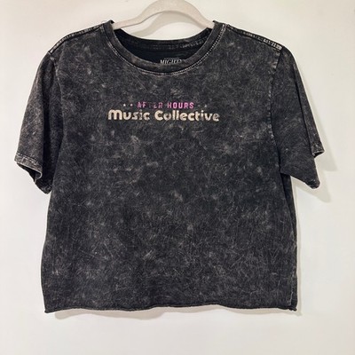 Mighty Fine After Hours Music Collective Women M Black Acid Wash Crop Tee Grunge