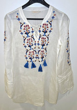 Tory Burch 100% Linen Tunic Cover Up Dress White Wildflower Embroidery Women's S
