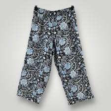 Tahari Pants Womens L Black Blue Floral Linen Wide Leg Pull On Cropped 33x26