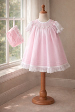 NWT Will'beth White Pink Sheer Smocked 3pc Dress 6 Months Bonnet Baby Girls 6M