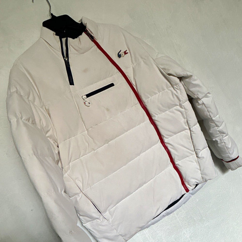 Lacoste Men's White Down Puffer Jacket Full Zip Stand-Up Collar Size M