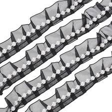 Pleated Lace Ruffle Trim Ribbon, 10 Yards 1" Wide, Black Veil with White Beads