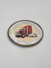 Vintage Metal Belt Buckle Enamel Oval Big Rig Semi Truck W USA Shiny Finish