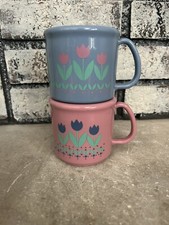 Vintage Mug Set 90s Cottage Core Tulips Mauve Blue New Plastic USA Made