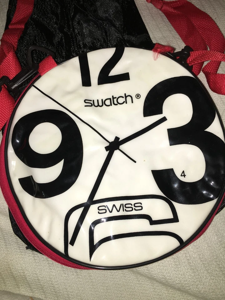 Mochila Bolso de Lona Vintage Swatch Swiss Watch Face 18"X10" NEGRO ROJO BLANCO HECHA EN EE. UU. Foto 3 de 4