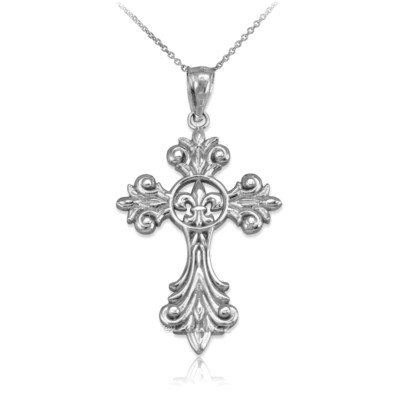 Sterling Silver Fleur de Lis Cross Pendant Necklace