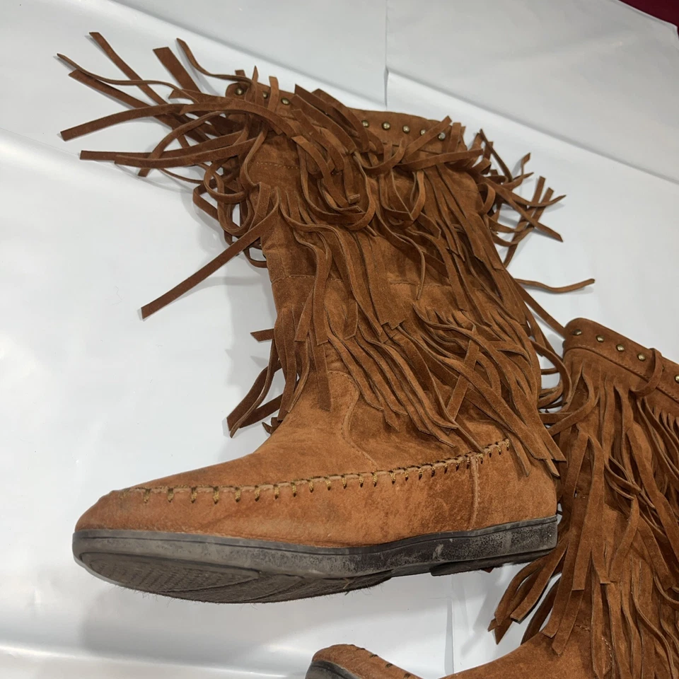 Rampage MARRÓN Gamuza ALTO Largo BOTAS CON FLECOS Cantrell Mocasín Festival Mujer 7M Foto 3 de 4