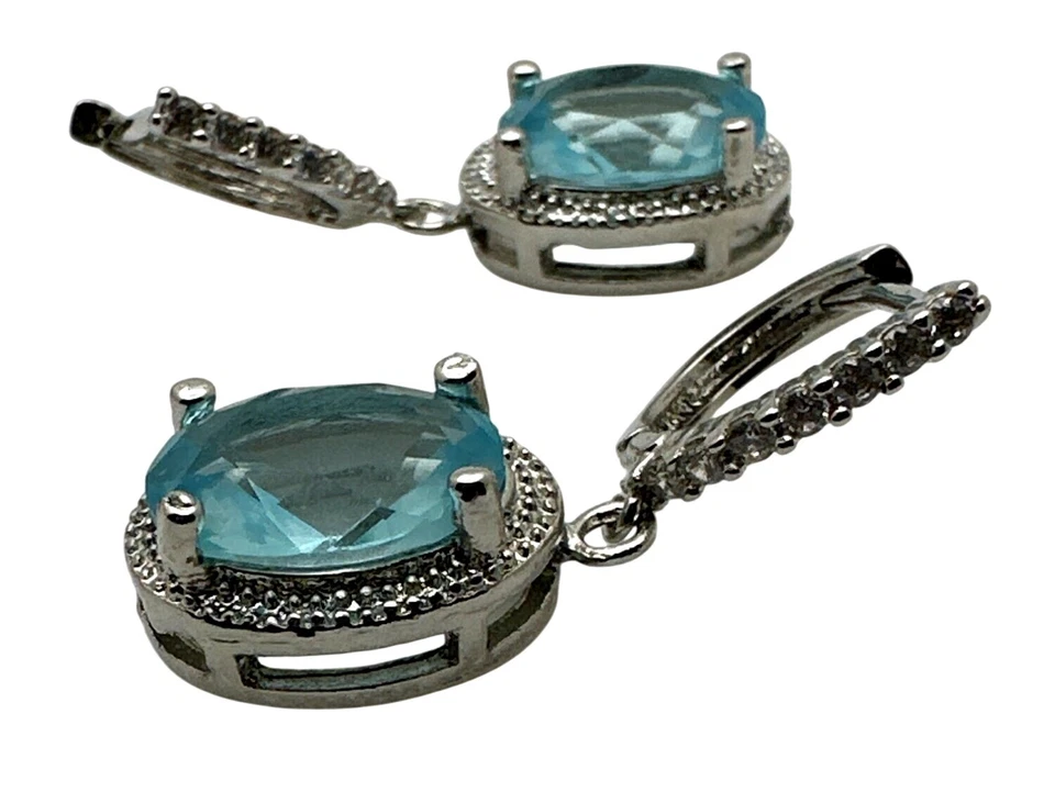 Pendientes colgantes azul ovalados facetados aguamarina cristales chapados en plata Foto 4 de 4