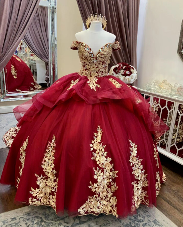 Red/Gold Quinceanera Dresses Lace Appliques Charro Mexican Quince Sweet  15/16