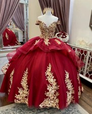 Red/Gold Quinceanera Dresses Lace Appliques Charro Mexican Quince Sweet 15/16