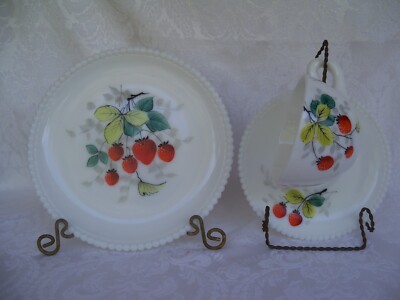 Vintage Westmoreland Beaded Edge 3 PC Set Snack Plate Cup & Saucer Fruit Pattern