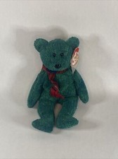 Vintage Ty Beanie Baby Wallace the Bear DOB January 25, 1999 Green With Scarf