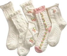 5 Pairs White Cute Socks, Women's Lace Ruffles Ankle Casual Cottage core Sock