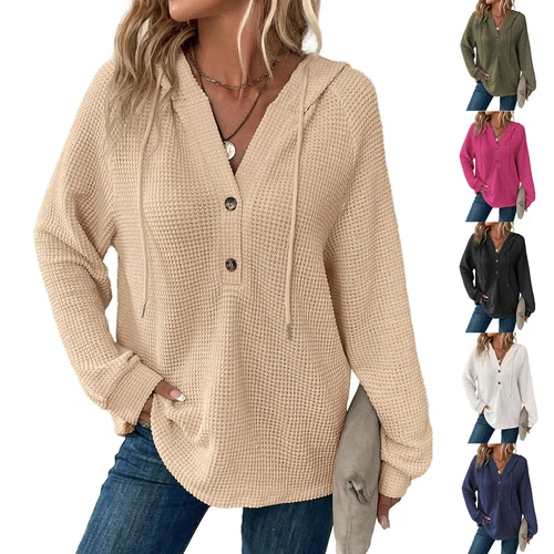 Women's hooded waffle knit button V-neck long sleeved sweater sweatshirt top- - Bild 3 von 43