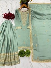 Attractive Chinnon Silk Pista Green Kurta Palazzo With Dupatta For Women  Girls