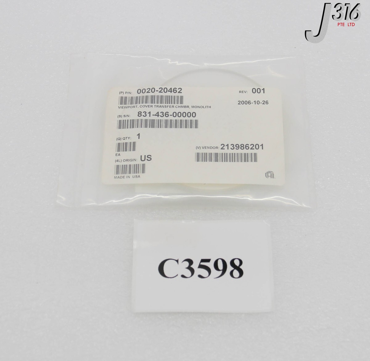 C3598 APPLIED MATERIALS VIEWPORT, COVER TRF CHMBR, MONOLITH (NEW