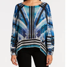 Style & Co. Petite Medium PM Blue White Black Polyester Top 