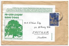 GB 1978 stamps (3) on cover w. “re-use paper save trees” label, elusive