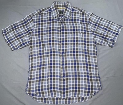 Robert Talbott Shirt Mens L Blue Plaid Short Sleeve Button Up Casual Woven