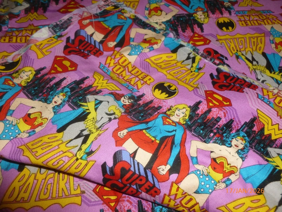 Fabric FQ Cotton Quilt Pink Super Girl Hero Batgirl Wonder Woman Comic 40x32" - Image 3 of 3