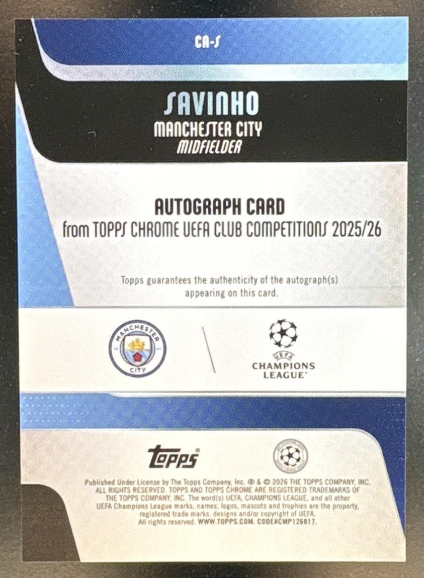 2025 Topps Chrome UEFA UCC Savinho #CA-S Auto Blue Lava Refractor /150 Man City view 2