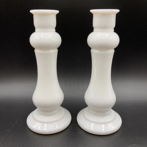 Pair Vintage E.O. Brody White Milk Glass Bud Vases / Candlesticks 8" M-118 USA