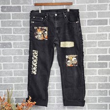 Upcycled Levi's Jeans Skull Patchwork Halloween Goth Grunge 36x28 Festival Denim