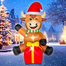 Christmas Inflatables,5 FT Highland Cow with Gift Box Built-in LEDs Christmas...