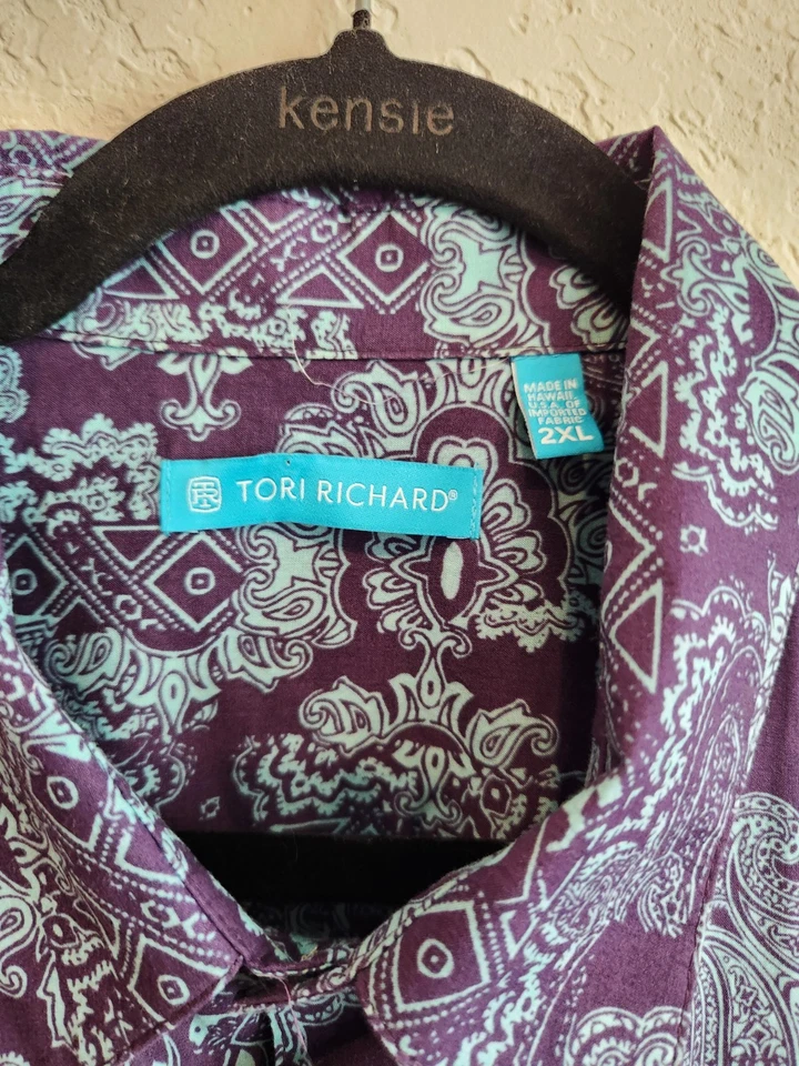💜 Tori Richard Men’s 2XL Hawaiian Shirt Purple Aqua Paisley 100% Cotton Lawn... - Image 3 of 4