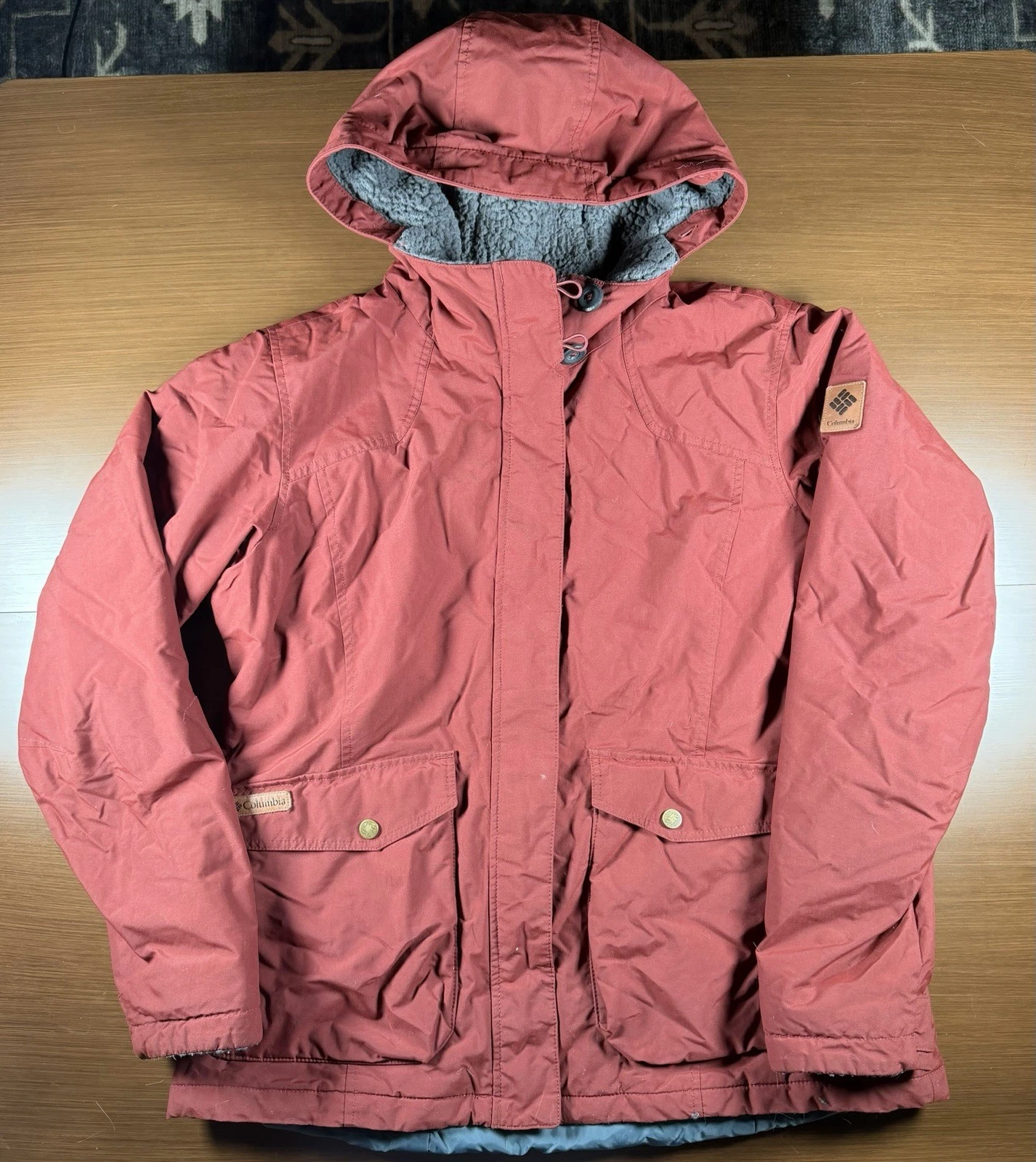Columbia Red Hooded Ski Jacket Women's XL Grey Fleece Hood Snow
