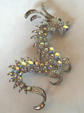 Silver Tone Clear Crystal Rhinestone Mystical Dragon Pin Brooch - NWOT 4"