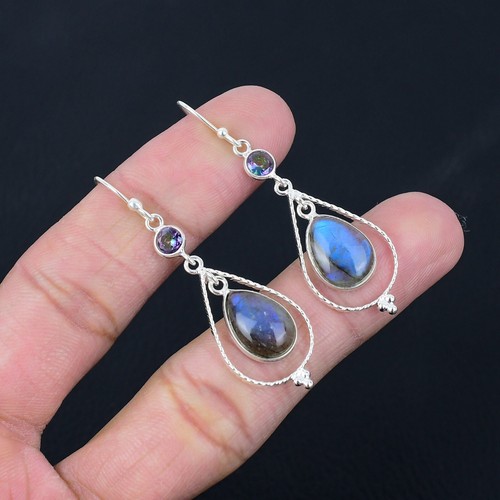 Labradorite Amethsyt Gemstone Solid 925 Sterling Silver Earring Jewelry E-1366 - Picture 1 of 4