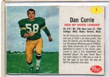 1962 Post Cereal Football  Dan Currie  #1 PACKERS VINTAGE 1960S NICE FREE SHIP