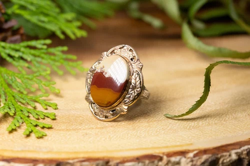 Size 6 Art Deco Sterling Silver & copper Estate Ring Neapolitan jasper agate