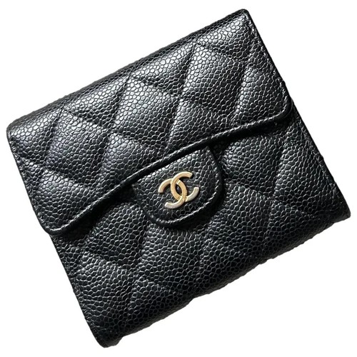 Authentic Classic Chanel Caviar Flap Card Holder Wallet Black Gold CC