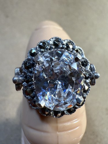 Vintage Cream Soda Zirconia & Marcasite Cocktail Ring 925 Silver Sz 6.75 - Picture 3 of 10