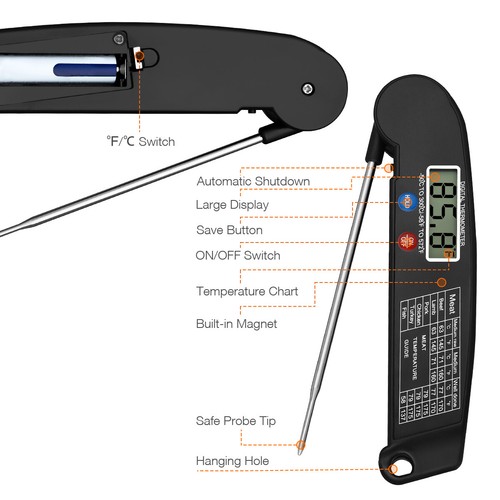 Instant Read Digital Meat Thermometer BBQ Grill Smoker For Kitchen Food Cooking - Picture 4 of 13