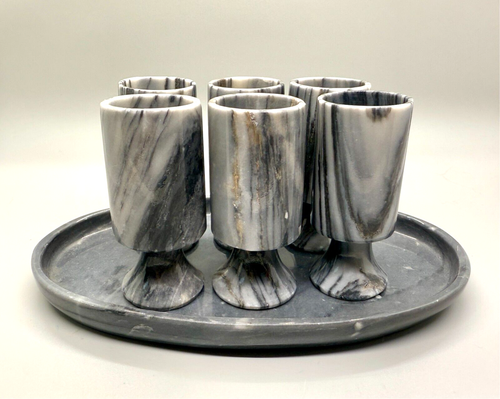 Set of 6 Vintage Carved Gray Onyx Marble Shot Cordial Stemmed Glasses w/ Tray - Picture 3 of 6