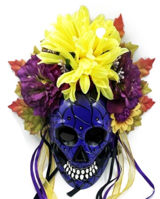 Day of the Dead Mask Dia de los Muertos Purple Grin and Streamers Papier Mache'
