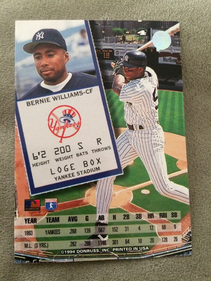 1994 Leaf Bernie Williams Baseball Card #4 New York Yankees - Image 2 of 2