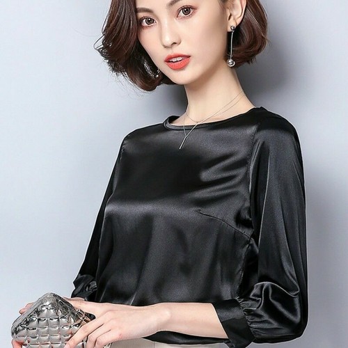 Ladies Satin Silky Shirts Retro 3/4 Sleeve Shiny Blouse Pullover Tops OL Formal - Picture 19 of 24