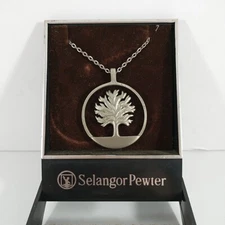 Royal Selangor Pewter Tree Of Life Pendant 24" Silver Tone Chain Necklace Vtg