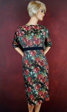 Eva Mendes Wear to Work Dress 6 3/4 Sleeve Jacquard Sheath Black Rose Floral