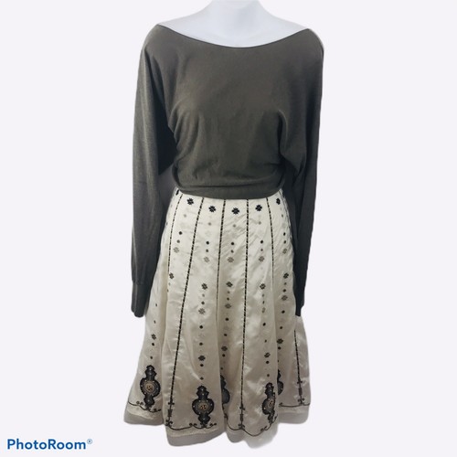 Silk Blend Skirt Womens 8 Beaded Embroidered Lined Side Zip Midi Ivory A-Line - Picture 3 of 9
