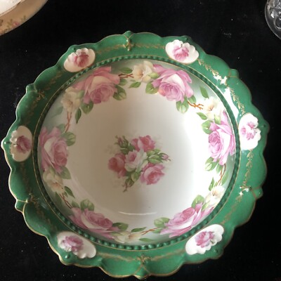 Beautiful Antique MZ Austria Roses scalloped gilded swagged rim 10.5 inch bowl. 