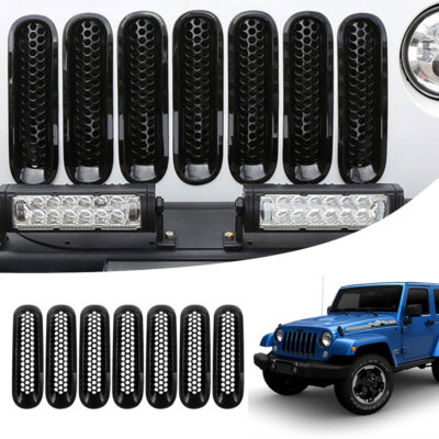 7PCS For Jeep Wrangler JK Front Insert Mesh Grille Trim Cover 2007-17 Black