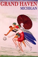 Grand Haven  Michigan Beach Fashion Girls Umbrella Vintage Poster Repro FREE S/H