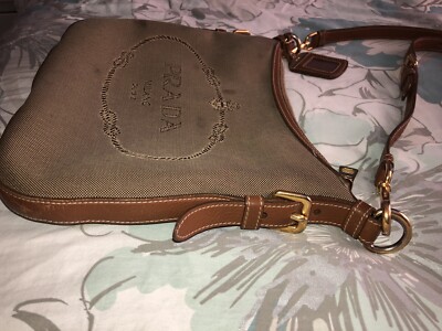 PRADA Brown Canvas Jacquard Logo Leather Crossbody Shoulder Bag