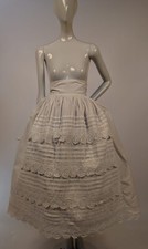 BEAUTIFUL HAND SEWN CIVIL WAR 1860  S WHITE COTTON SKIRT W PLEAT  EYELET FRONT