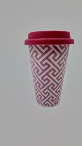 pink geometric ceramic tumbler with lid no logo 6" tall coffee tea drink - Picture 7 of 12